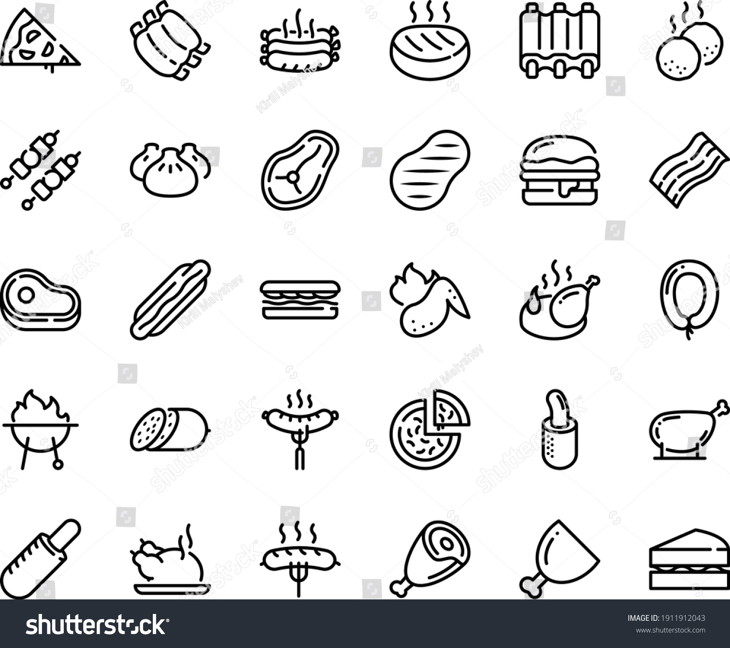 SVG of Food line icon set - pizza piece, meat, hot dog, sandwich, french, dim sum, chinese chicken, salami, sausage on fork, ham, burger, fried, ribs, kebab, roasted sausages, cutlet, steak, leg, sowbelly svg