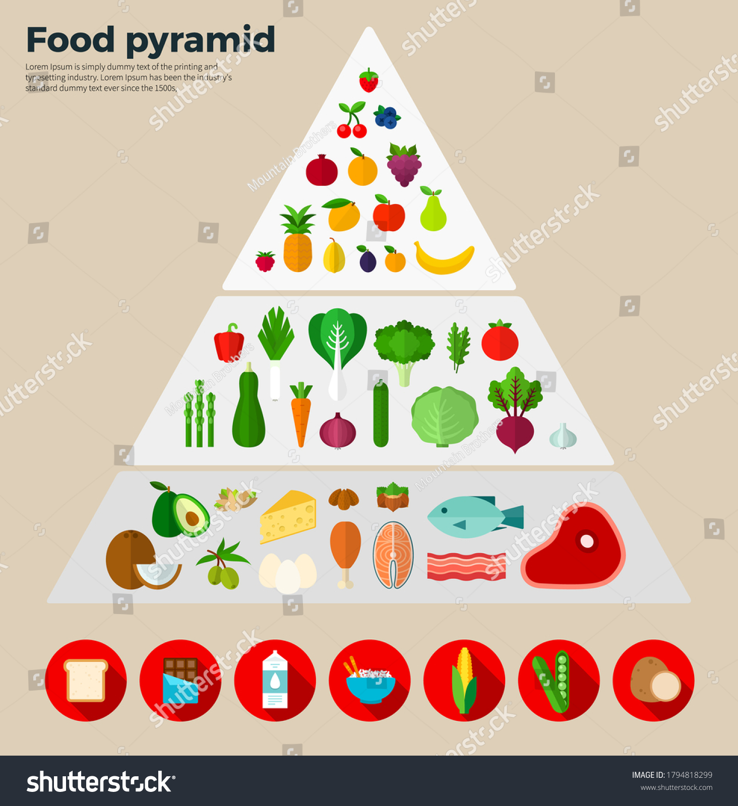 Vektor Stok Food Pyramid Healthy Eating Infographic Vector Tanpa Hot