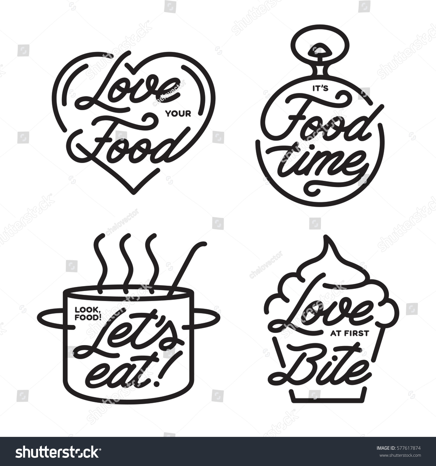 Food typography set Food quotes Lets eat Love at first bite