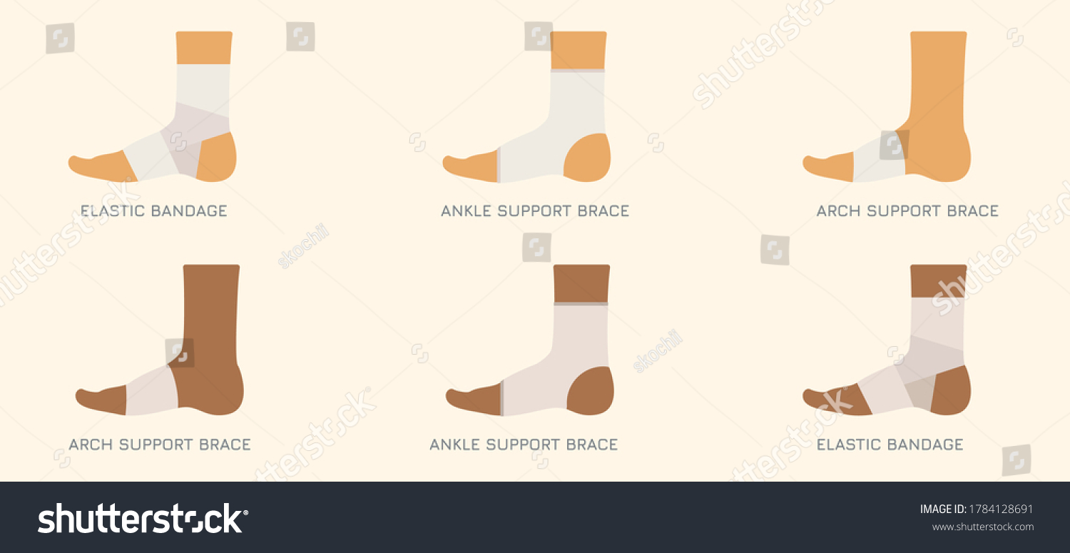 SVG of Foot bandage types.Multi-ethnic  Elastic wrap, compression brace, ankle and arch support. Vector medical and health care illustration. svg