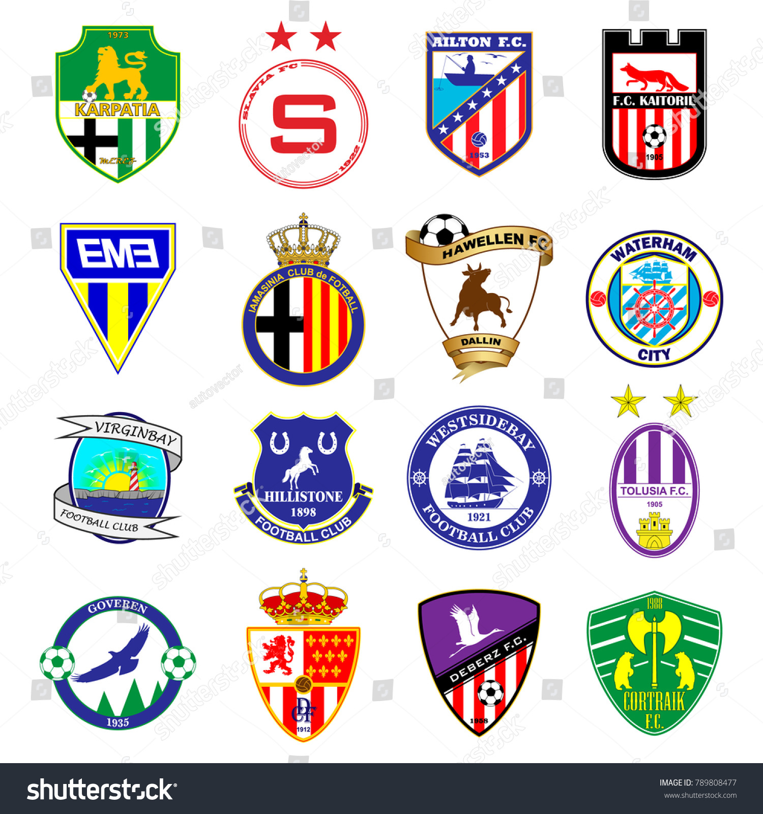 サッカーチームのロゴ セット 架空のサッカーリーグ 16種類の紋章 のベクター画像素材 ロイヤリティフリー