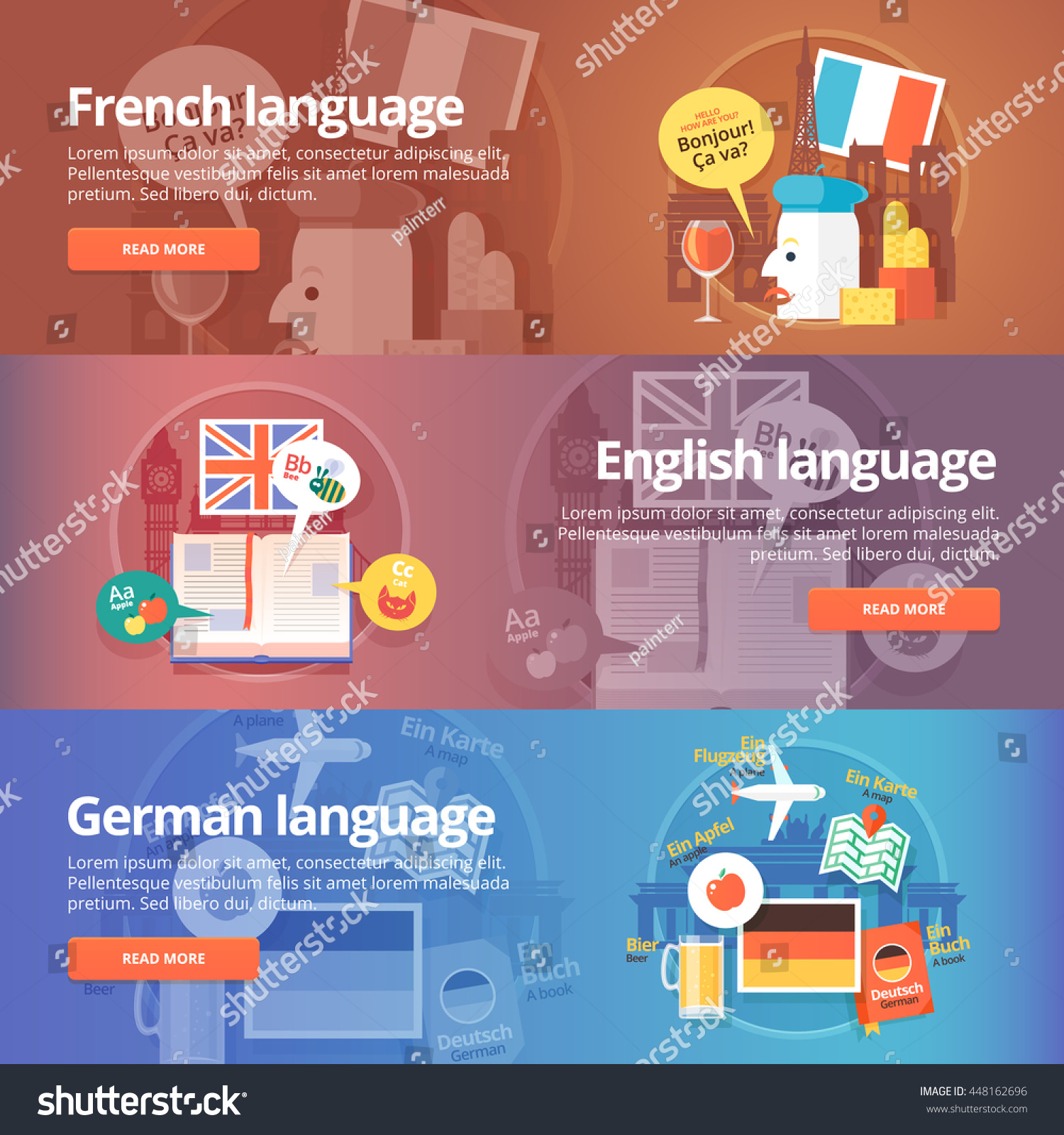 online business english dictionary french French, Design banner languages illustration set. learning for English