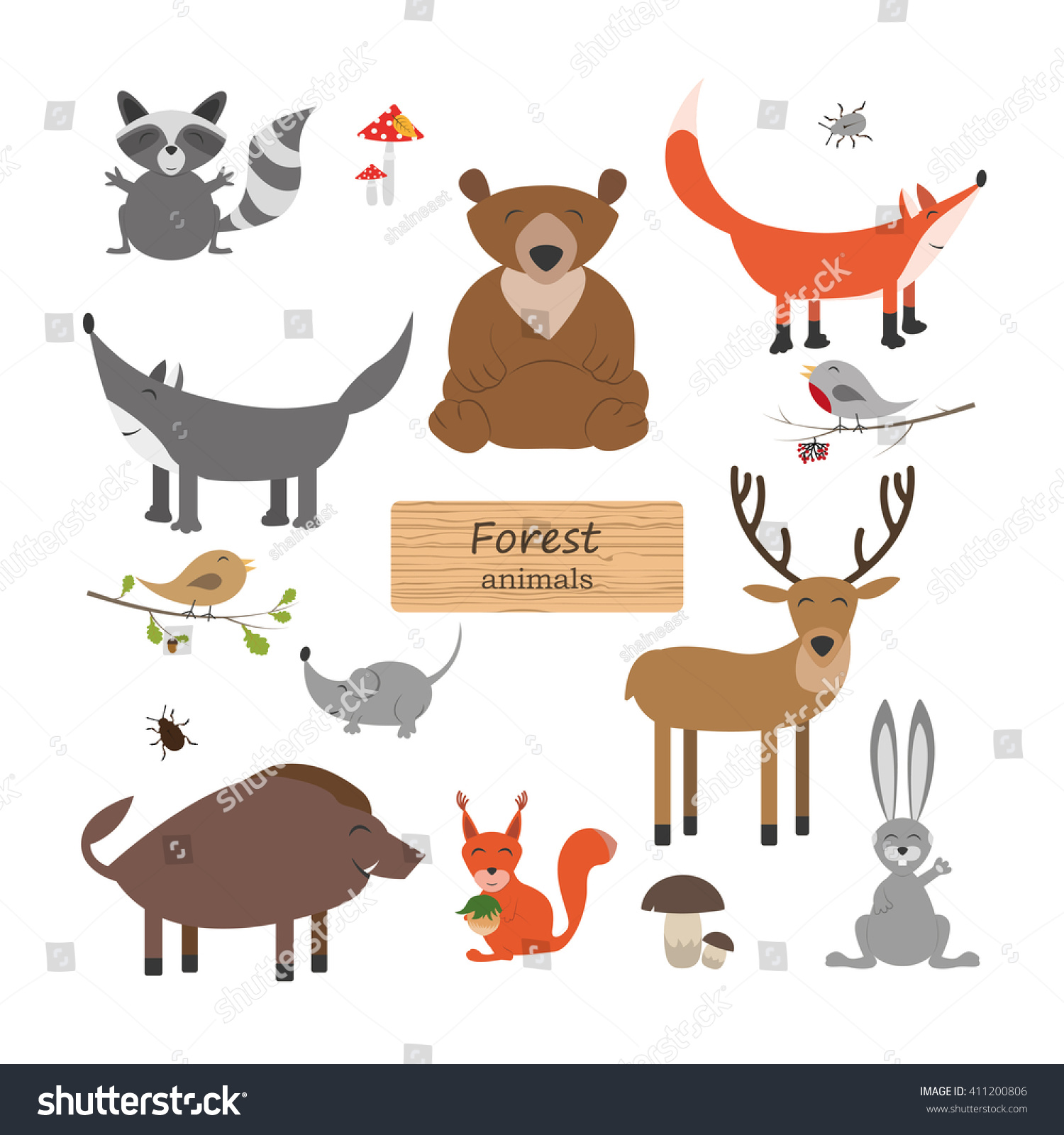 Forest Animals In Cartoon Style On White Background. Forest Animals Set ...