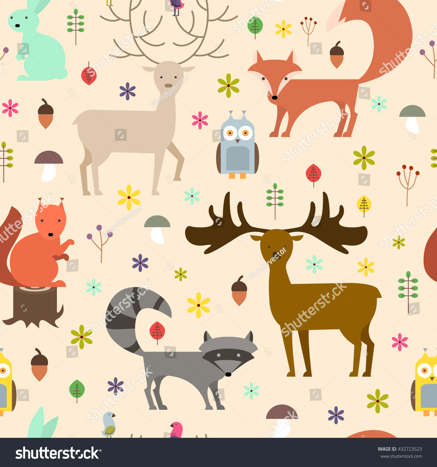 Forest Animals Seamless Background Flat Style: เวกเตอร์สต็อก (ปลอดค่า ...