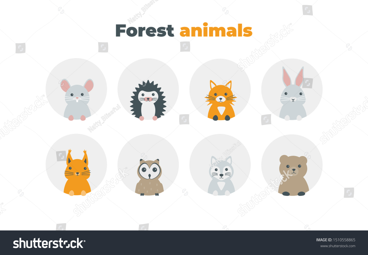 SVG of Forest animals set in flat style isolated on white background. Cute cartoon wild animals avatars collection: mouse, hedgehog, fox, hare, squirrel, owl, wolf, bear. svg