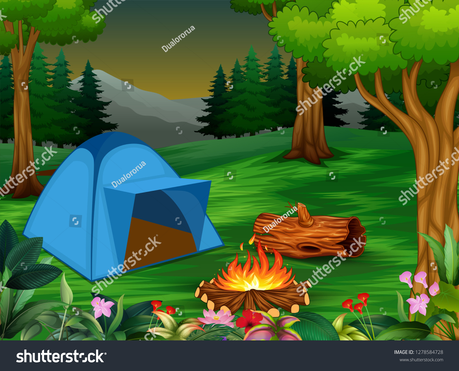 Forest Camping Concept Blue Tent Stock Vector (Royalty Free) 1278584728