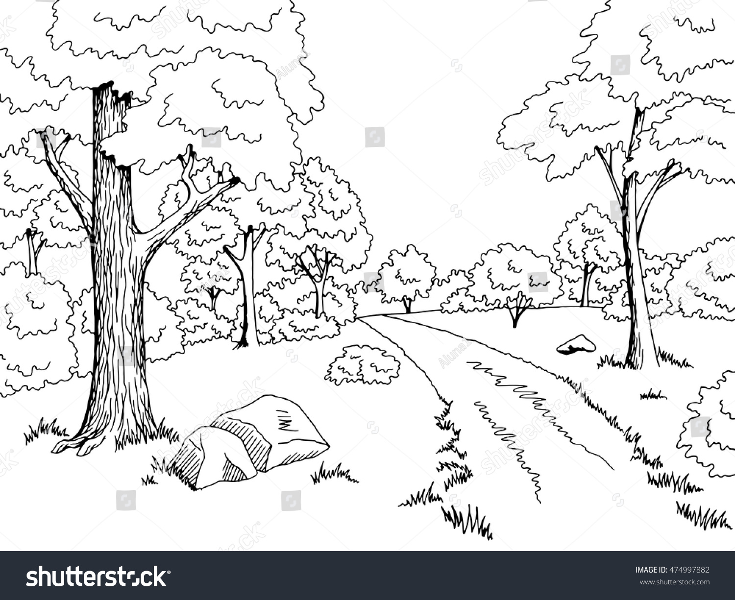 Forest Road Graphic Art Black White Stock Vector (Royalty Free ...