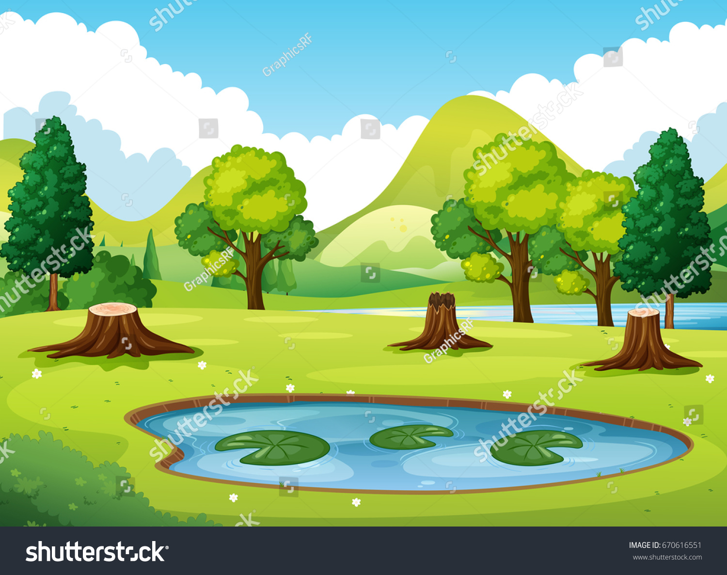 小さな池のイラストを持つ森のシーン のベクター画像素材 ロイヤリティフリー