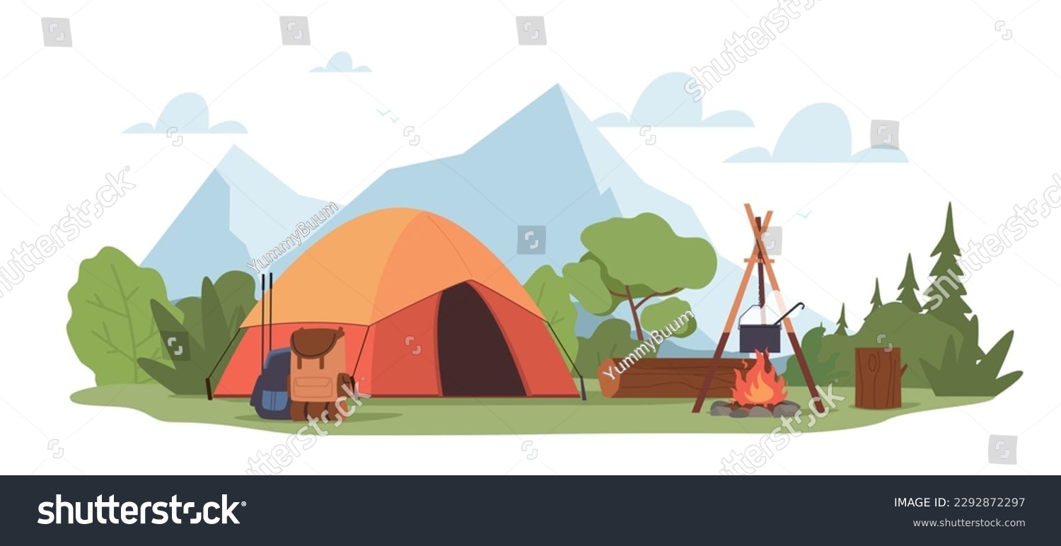 SVG of Forest summer camp with campfire, tent and backpack on mountain background. Camping in forest. Adventure hiking tourism. Campsite panorama. Cartoon flat style isolated vector concept svg