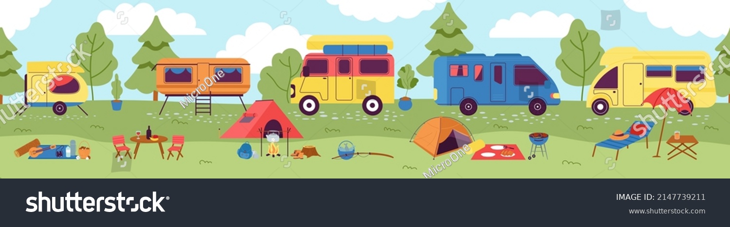 SVG of Forest summer vacation. Camping adventures landscape with campers and hiking elements. Spring travellers rest, picnic relaxation decent vector background svg
