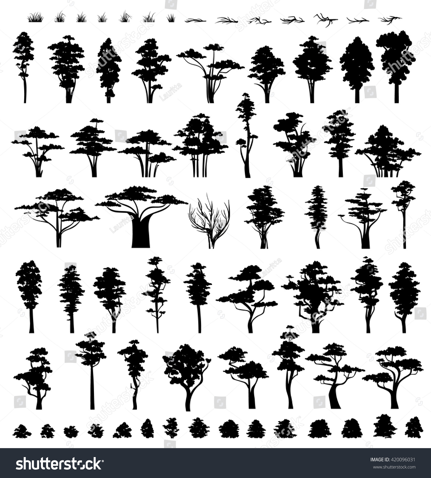 SVG of Forest trees collection silhouette vector.  Nature grass and bushes.  svg
