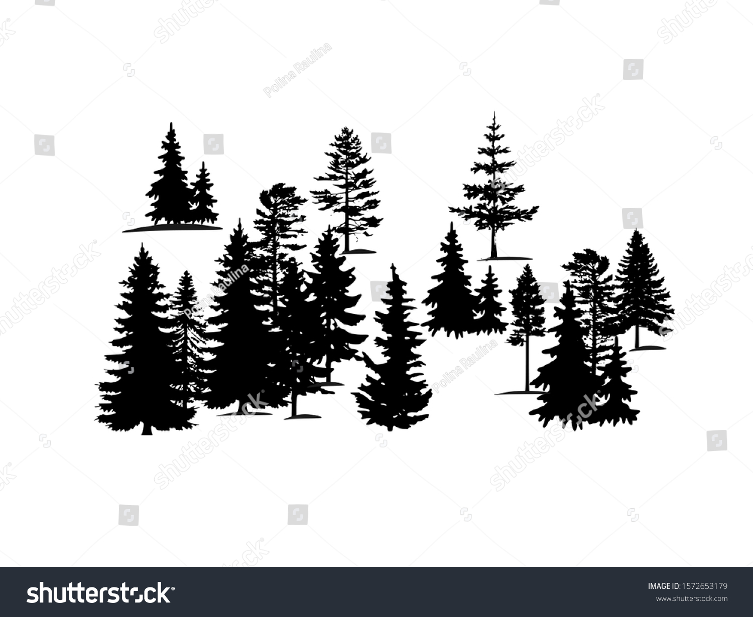 SVG of Forest trees silhouette vector background. Stencil of pine,fir,cypress.Christmas tree drawing.Winter spruces landscape border banner design.Wooden decor element for Happy new year isolated on white. svg