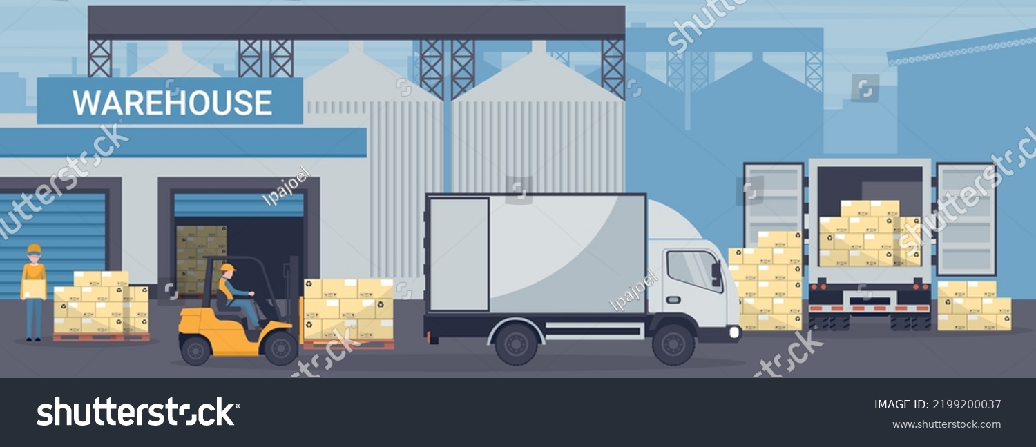 SVG of Forklift unloading pallet from cargo container or refrigerated truck to an industrial warehouse. Industrial storage and distribution of products svg