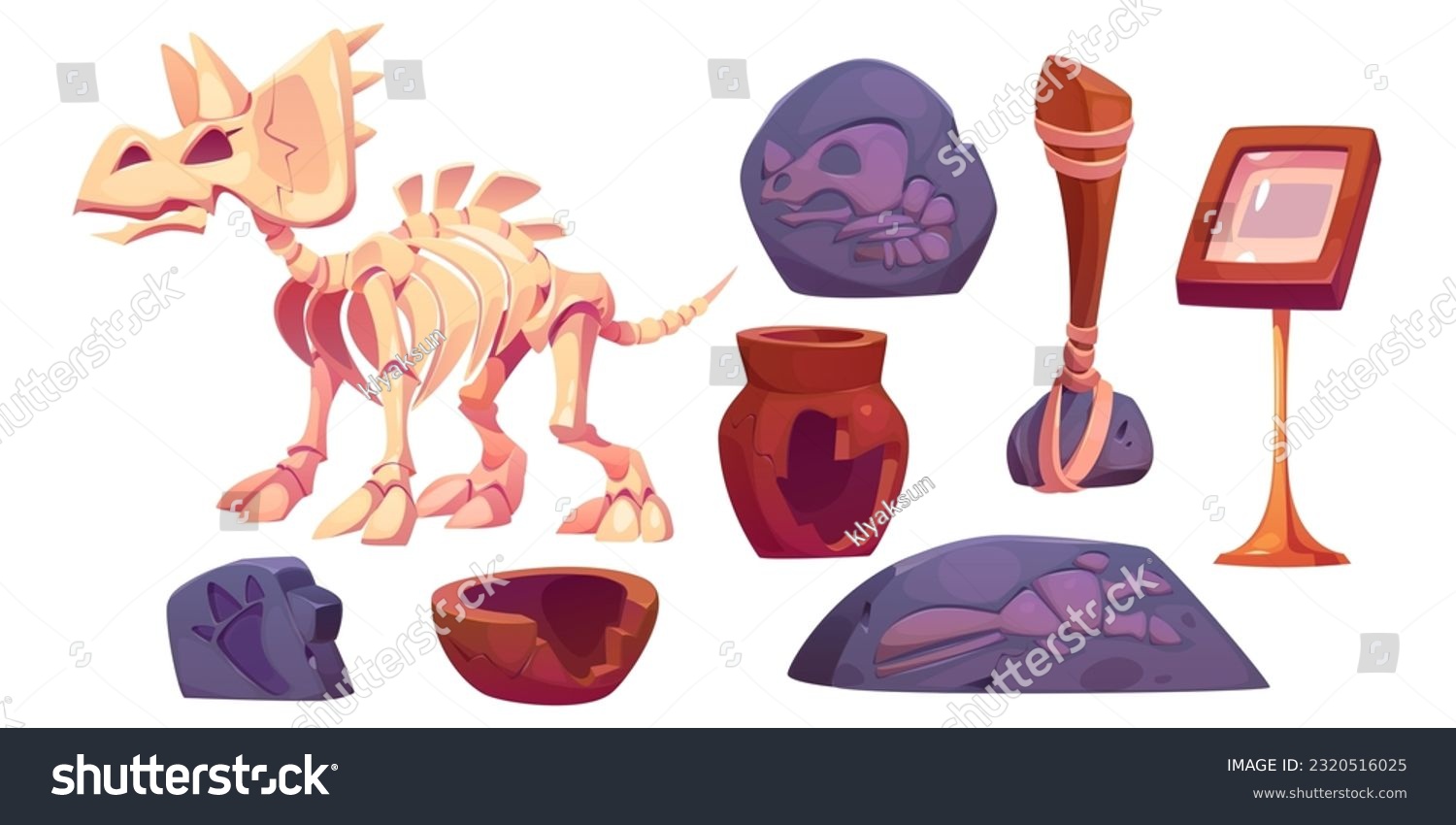 SVG of Fossil dinosaur skeleton for museum vector cartoon icon set. Stone footprint, triceratops bone and skull isolated on background. Dig ancient jurassic archaeologist discovery exhibit with broken vase svg