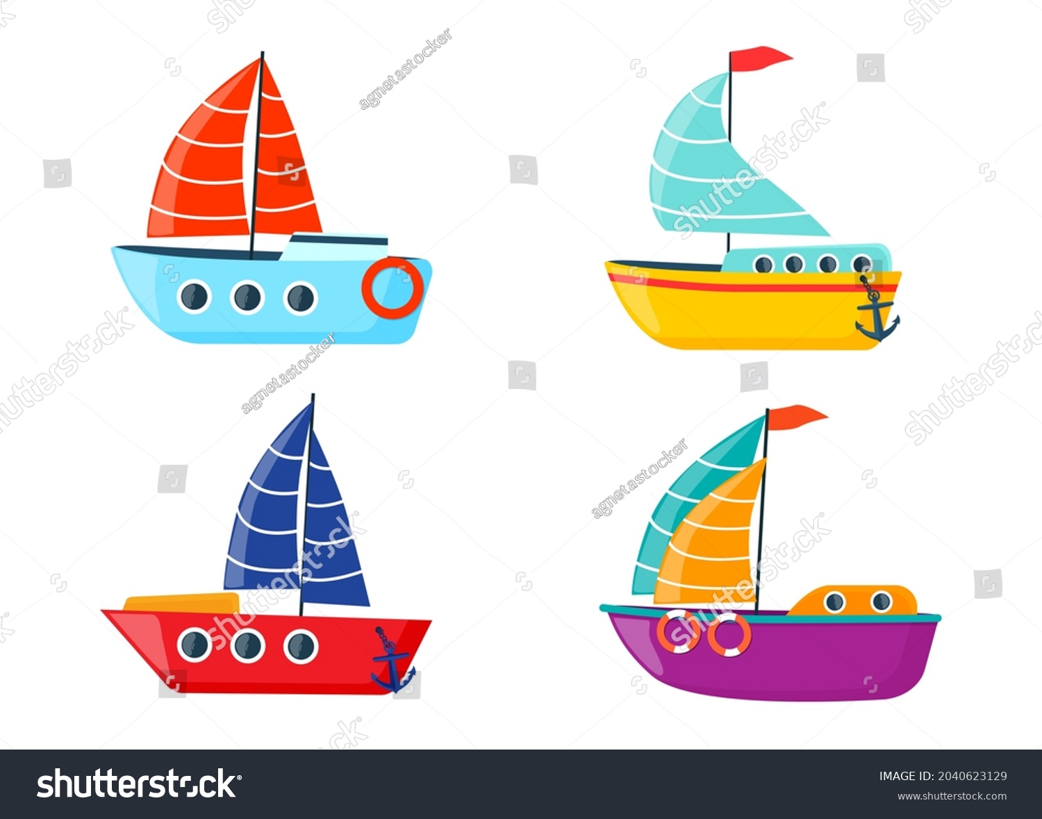 SVG of Four bright sailboats, a boat with an anchor and a lifebuoy. Vector svg