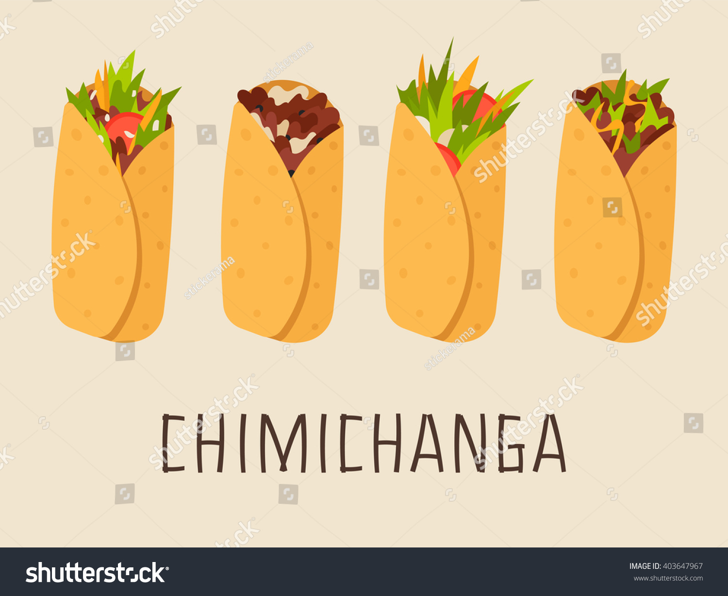 SVG of Four Chimichangas with Different Filling. Isolated Mexican Food svg