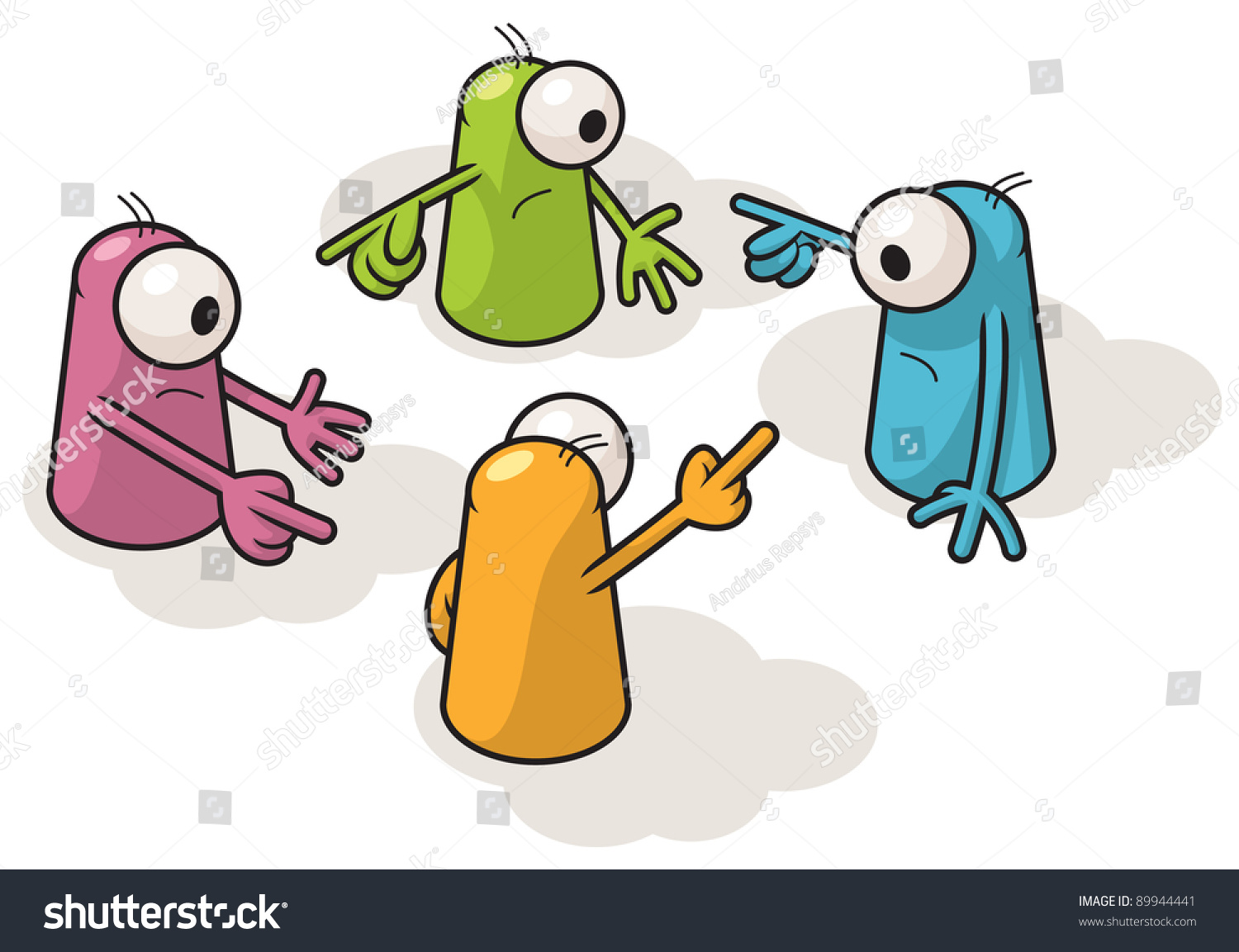 Four Colorful Creatures Solving Confusing Situation Stock Vector ...