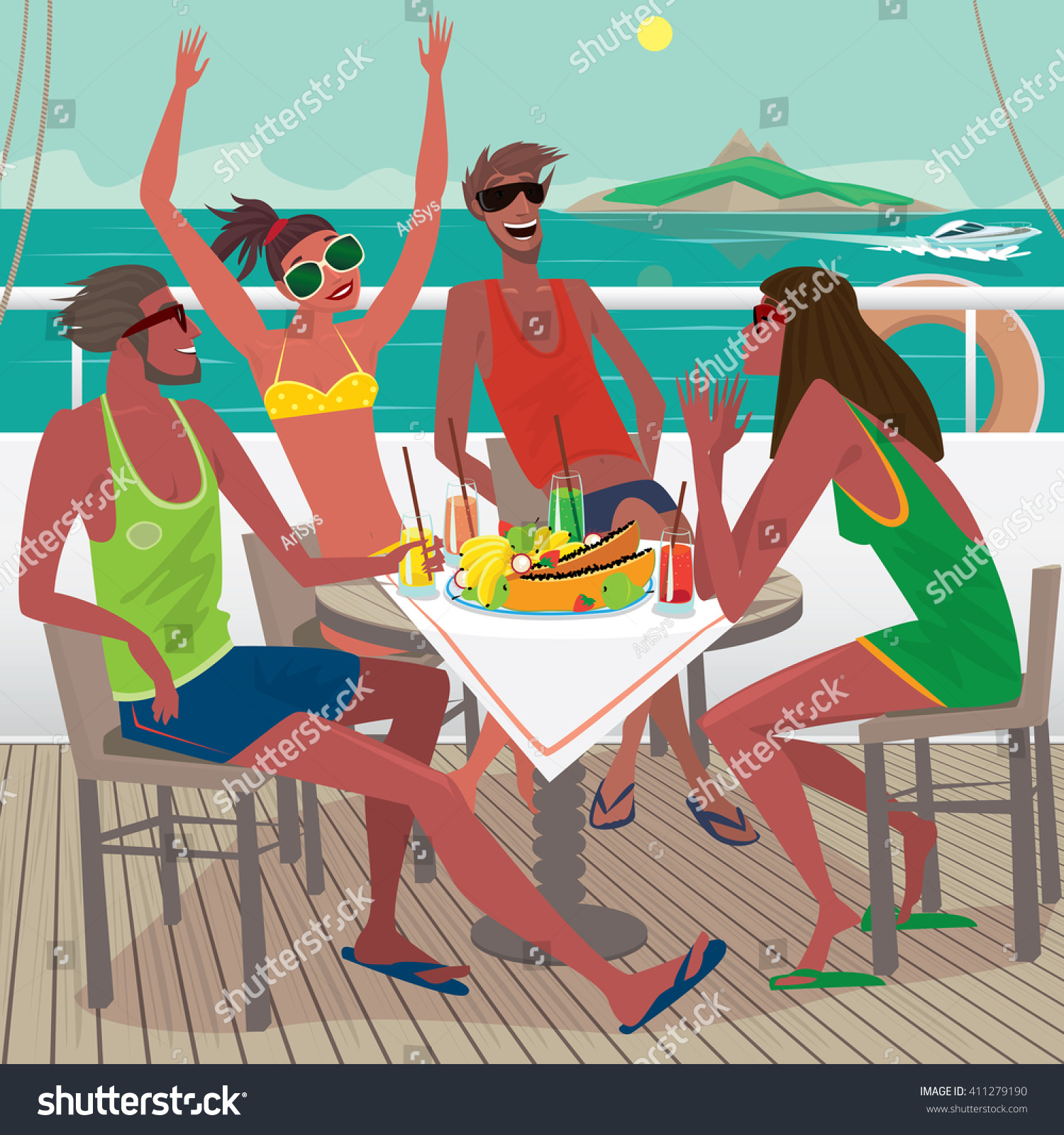 SVG of Four friends sitting at a table on the ship deck, talking and eating fresh tropical fruits, the distance you can see the island - Friendship or Leisure concept. Vector illustration svg
