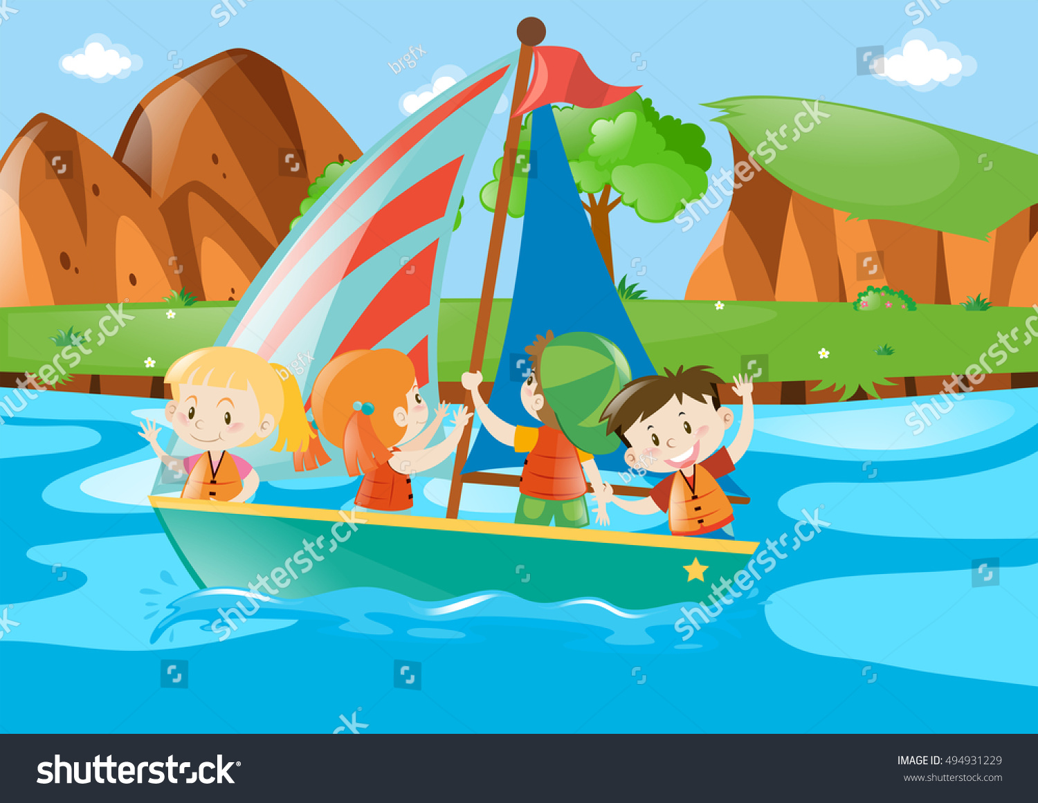 SVG of Four kids sailing boat in river illustration svg