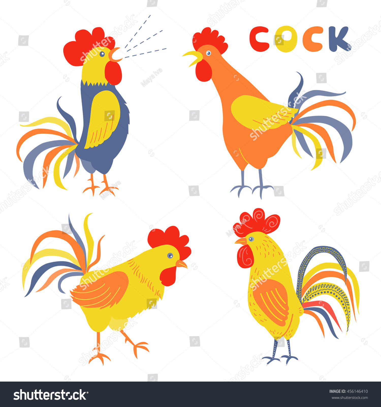 SVG of Four lovely cockerels on a white background. Illustration in flat style. Cocks crowing. Cock-a-doodle-doo . Rooster symbol of Chinese New Year svg