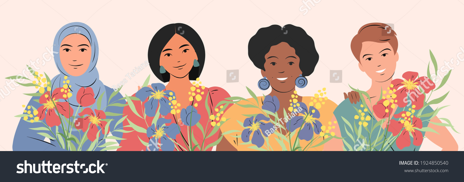 Four Lovely Women Different Nationalities Cultures Stock Vector