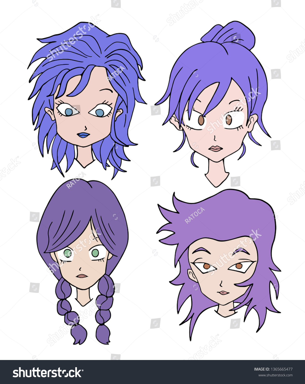 Four Purple Hair Women Faces Stock Vector Royalty Free 1365665477