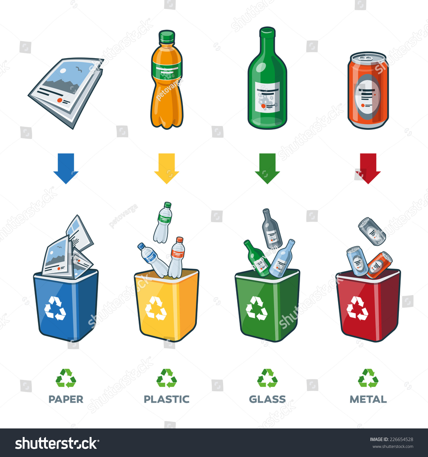 Four Recycling Bins Illustration With Paper, Plastic, Glass And Metal ...