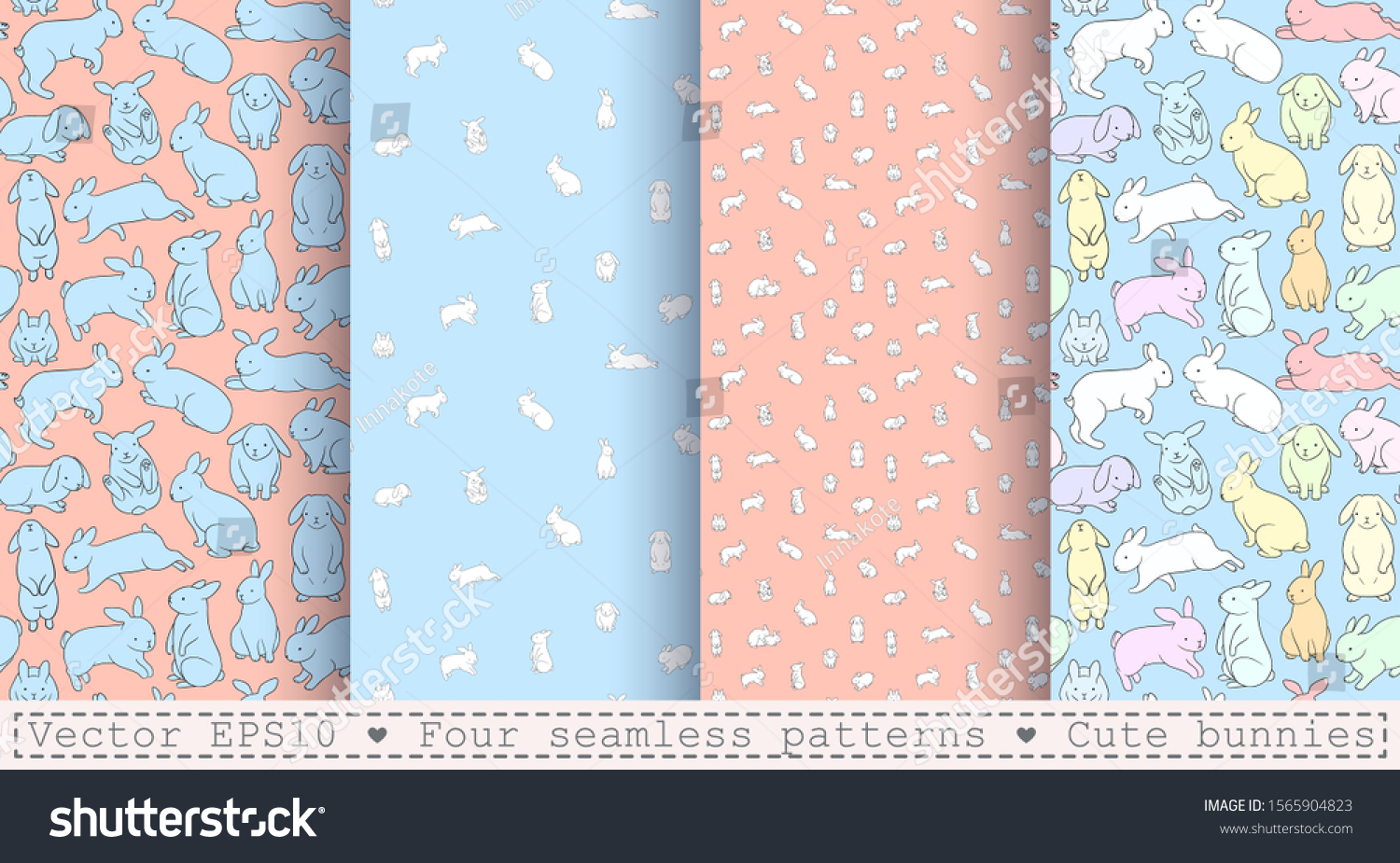 SVG of Four seamless patterns with cute bunnies. Cartoon white, bluee rabbits on a coral, skyey backgrounds. Linear, outline drawing. svg