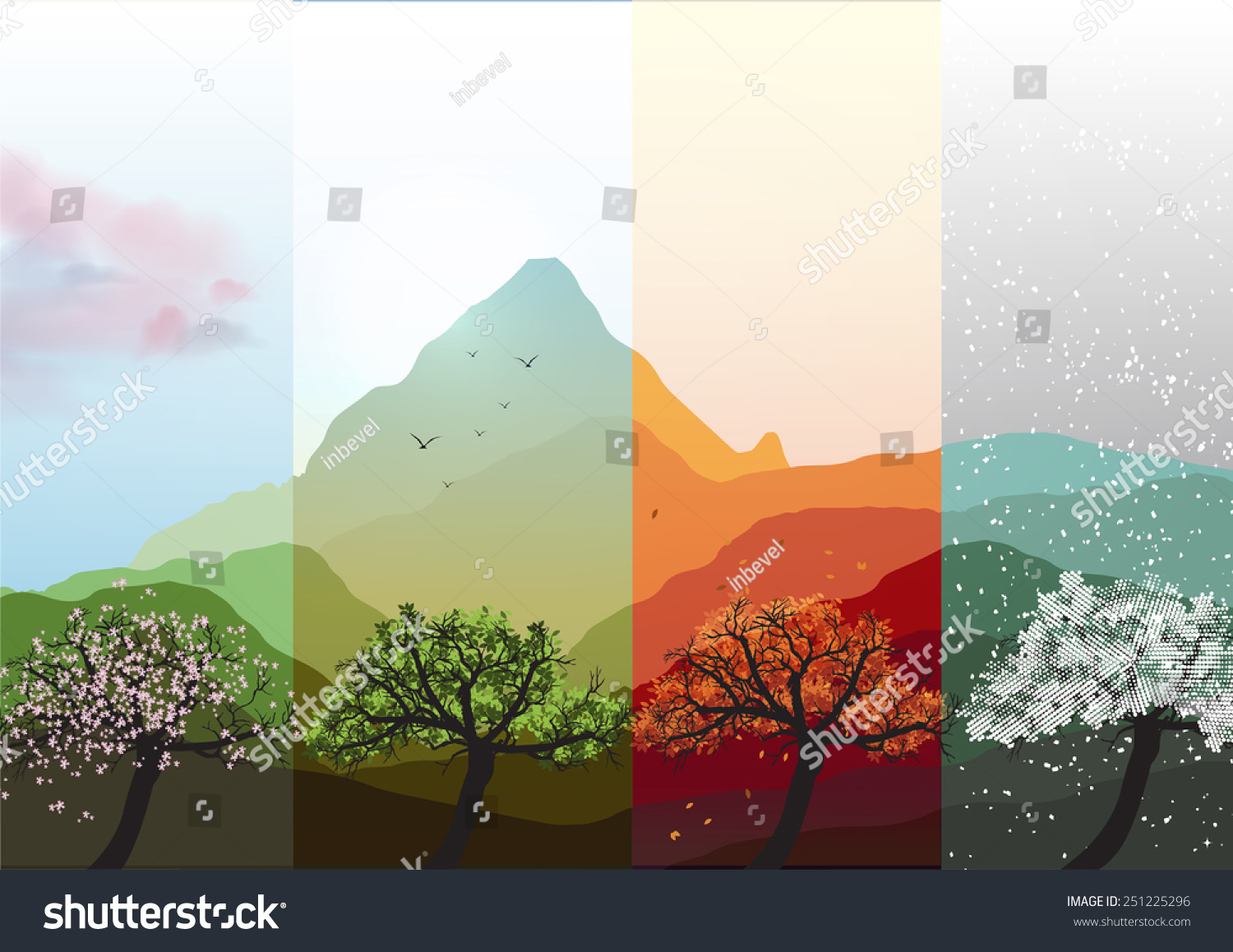 四季の旗春 夏 秋 冬 抽象的な木と山 ベクターイラスト のベクター画像素材 ロイヤリティフリー