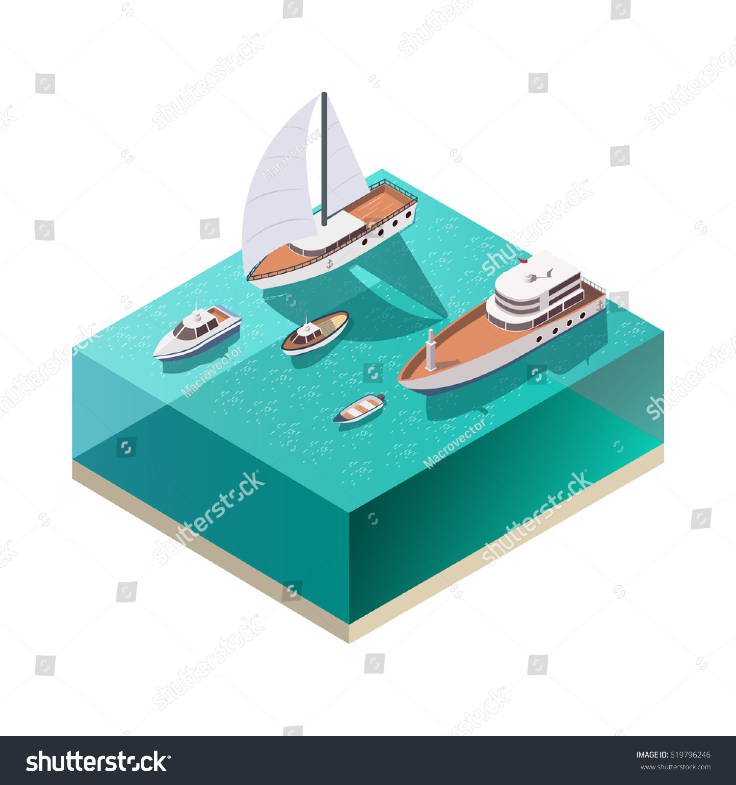 SVG of Four ships of different size floating on water isometric composition on white background 3d vector illustration svg