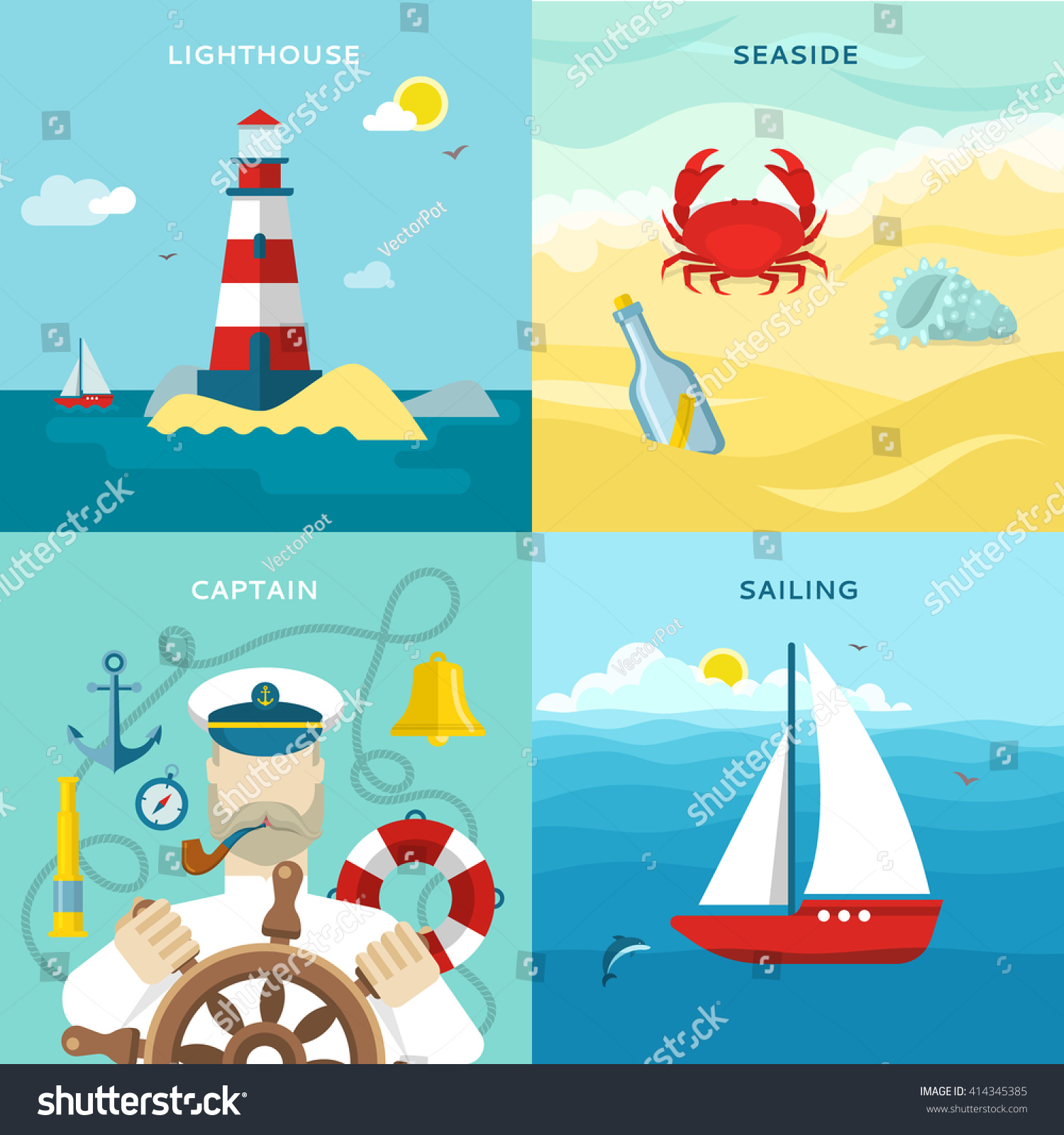 SVG of Four square nautical colored icon set with description of lighthouse seaside captain on the wheel and sailing in the ocean vector illustration svg
