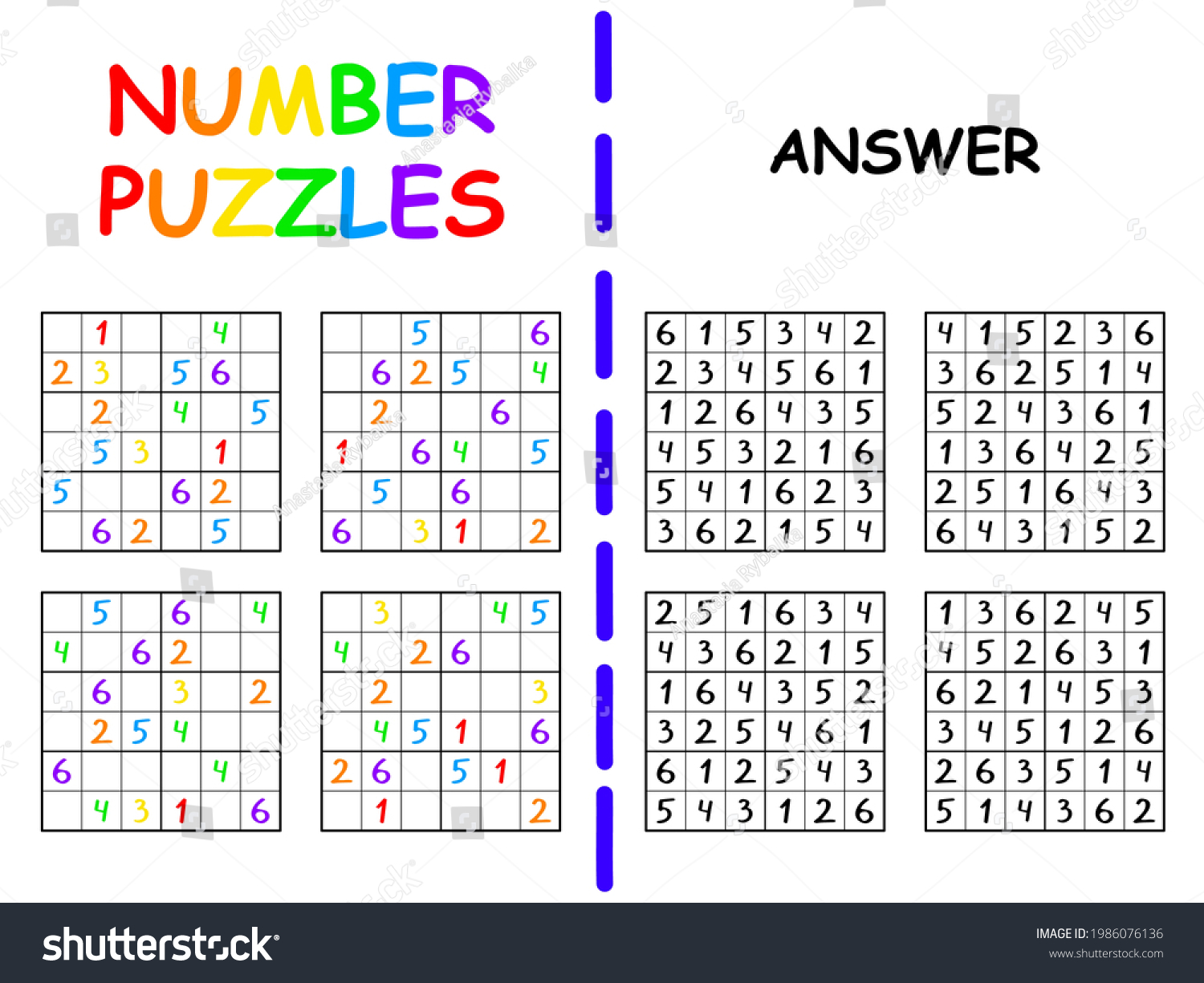 SVG of Four sudoku for children with answer colorful vector illustration. Easy six by six sudoku for beginners. Simple number puzzle for kids - educational activity page printable worksheet svg
