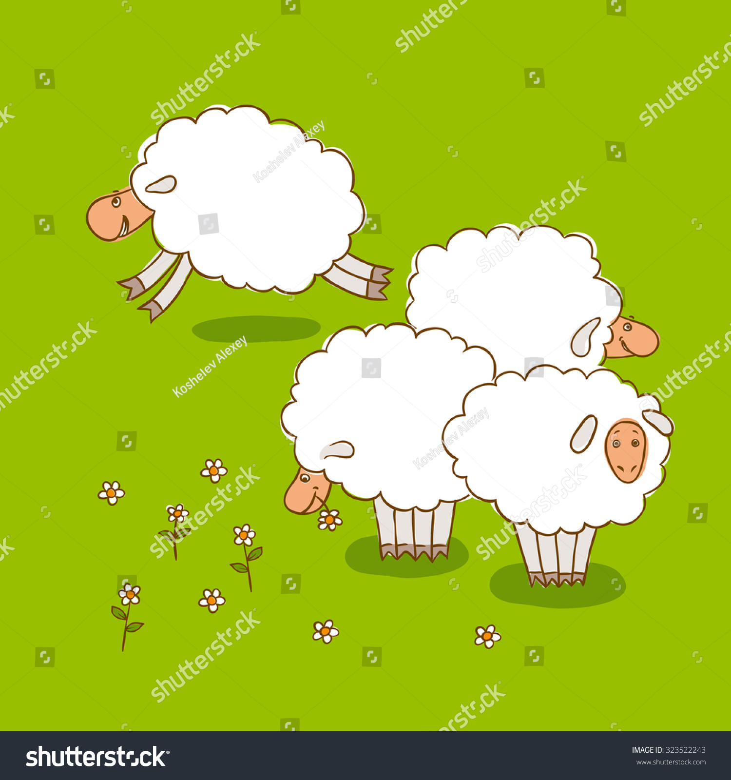 Four White Sheep Grazing On A Green Meadow. Vector Illustration ...