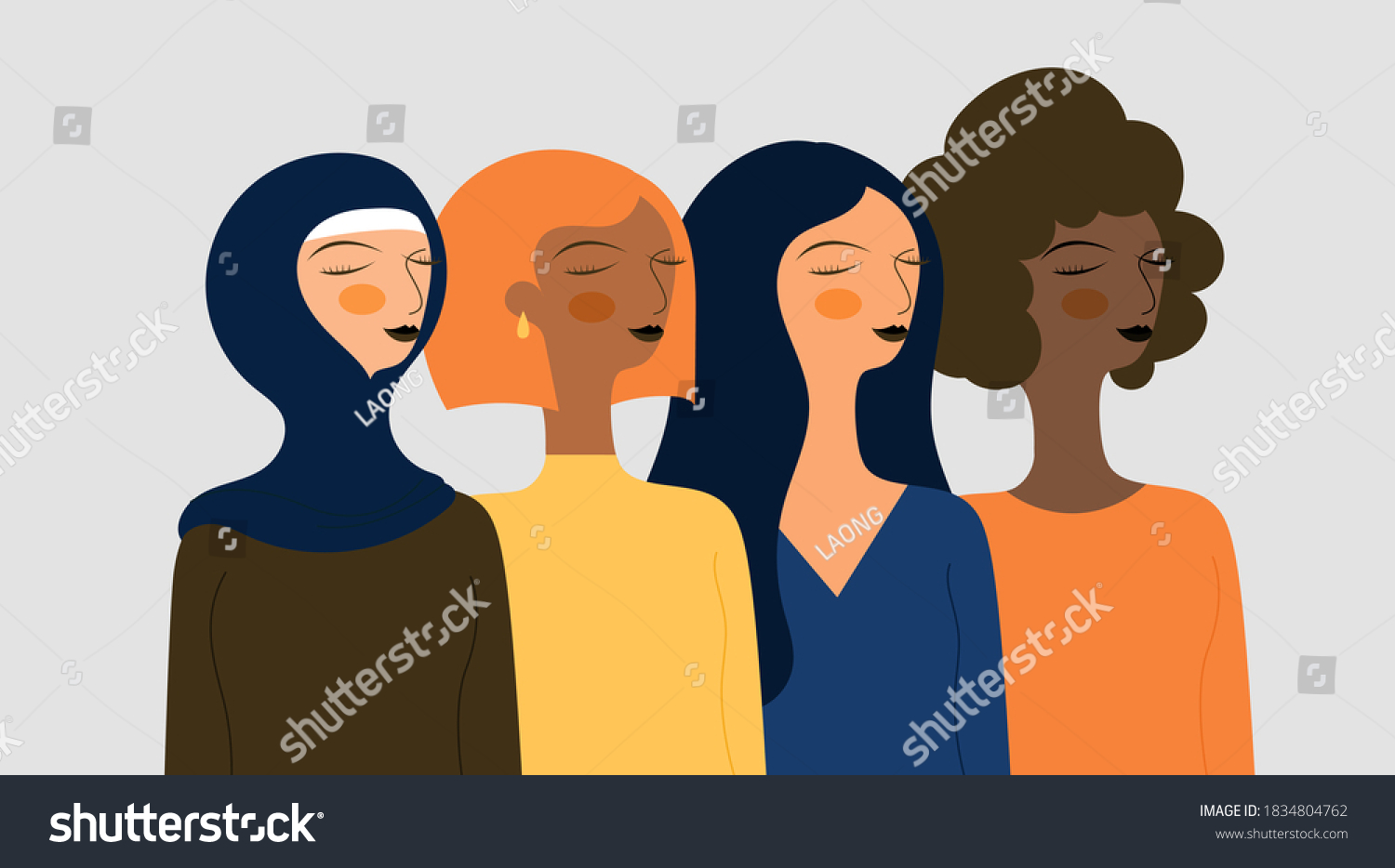 Four Women Different Nationalities Cultures Standing Stock Vector