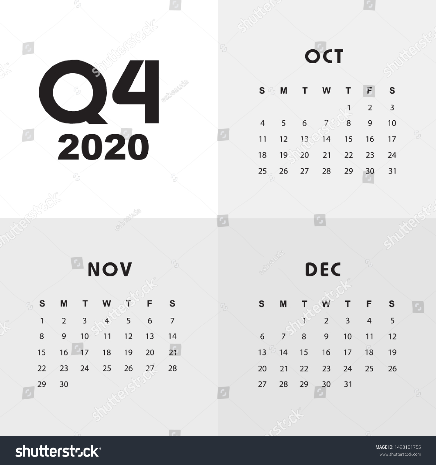 Fourth Quarter Calendar 2020 Stock Vector (Royalty Free) 1498101755