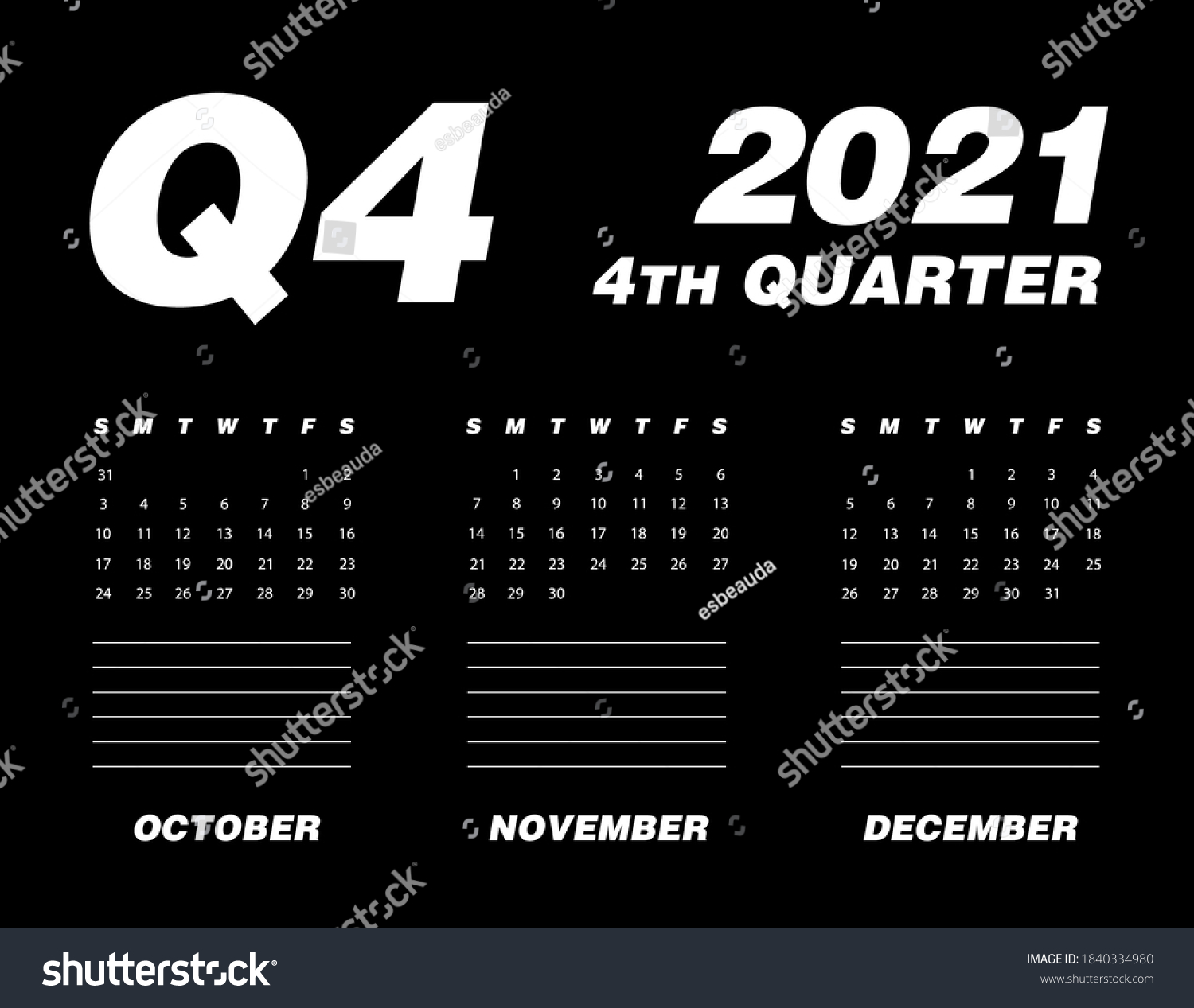 Fourth Quarter Calendar 2021 Stock Vector (Royalty Free) 1840334980