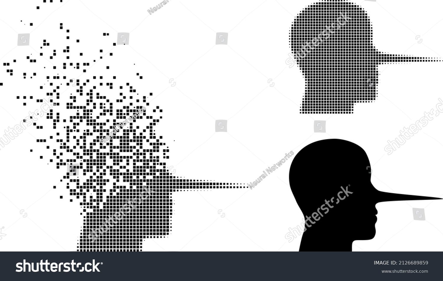 SVG of Fractured pixelated liar person vector icon with destruction effect, and original vector image. Pixel destruction effect for liar person shows speed and movement of cyberspace things. svg