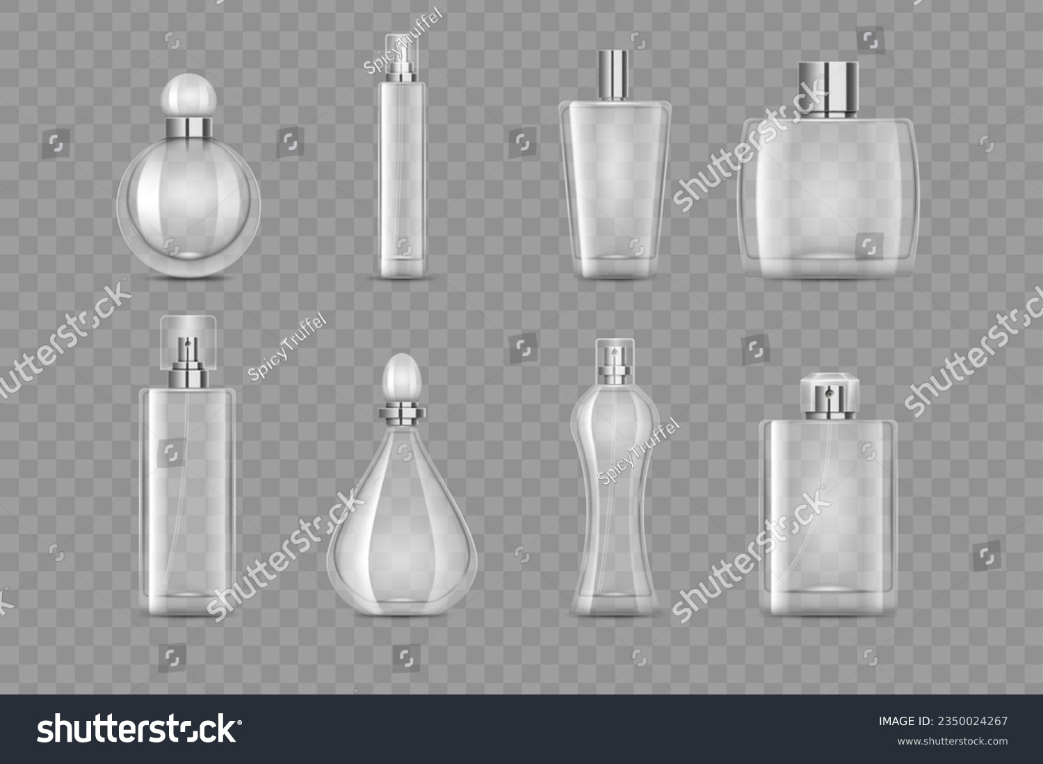 SVG of Fragrance bottle. 3d perfume glass different forms, transparent with metal lid and dispenser, cosmetic flask, empty spray container. Blank glamour packaging. Vector realistic mockup set svg