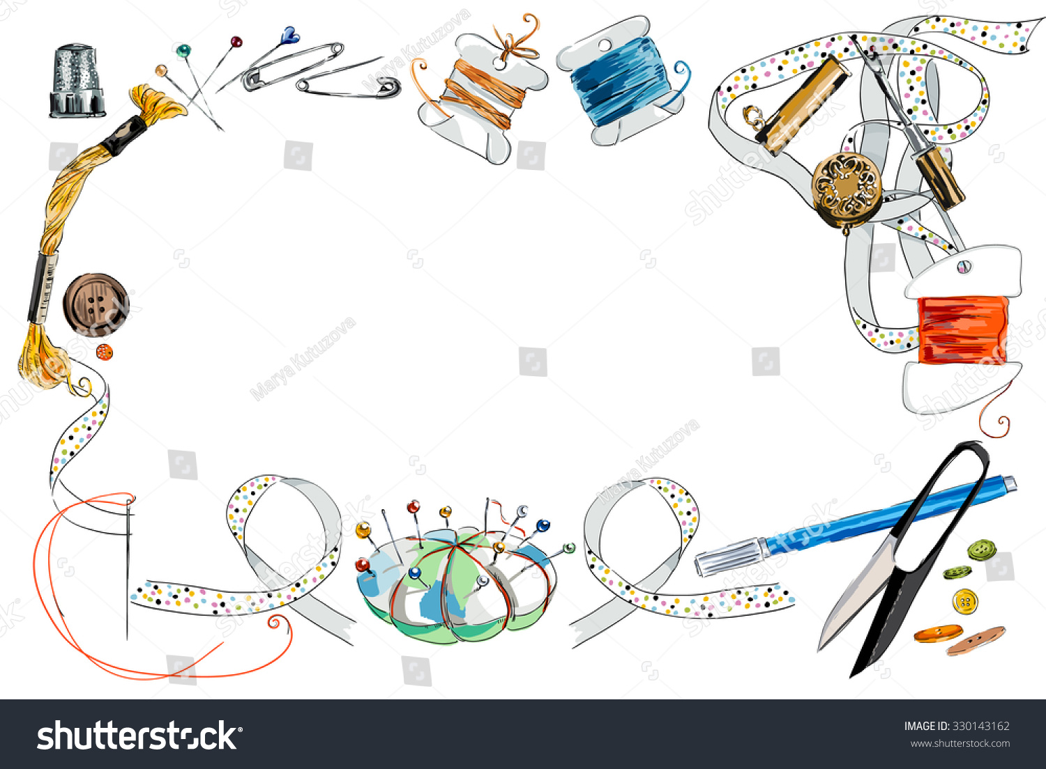 Frame From Sewing Tools And Colored Tape. Sewing Kit. Scissors, Bobbins ...