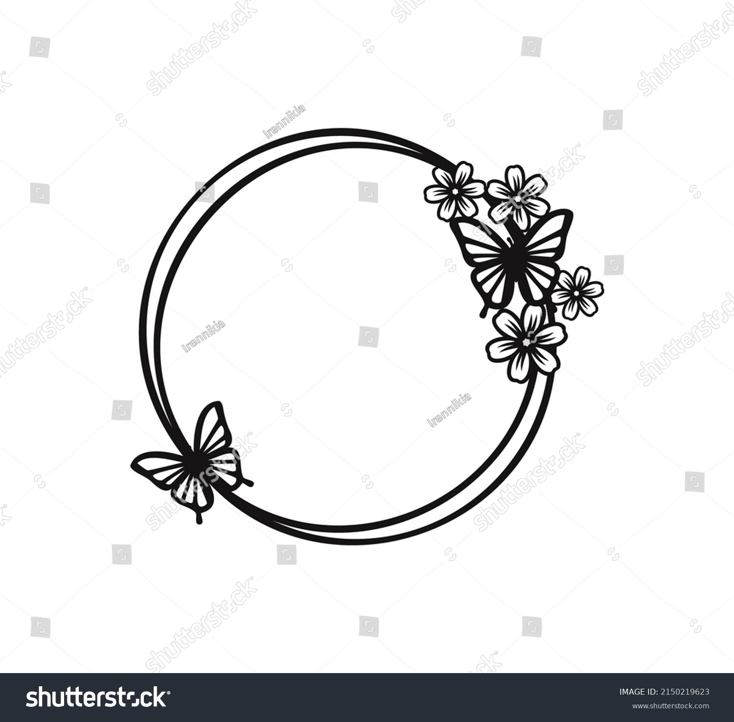 SVG of Frame in the shape of a circle with flowers and butterfly. Floral Frame. Suitable for cutting machine  svg
