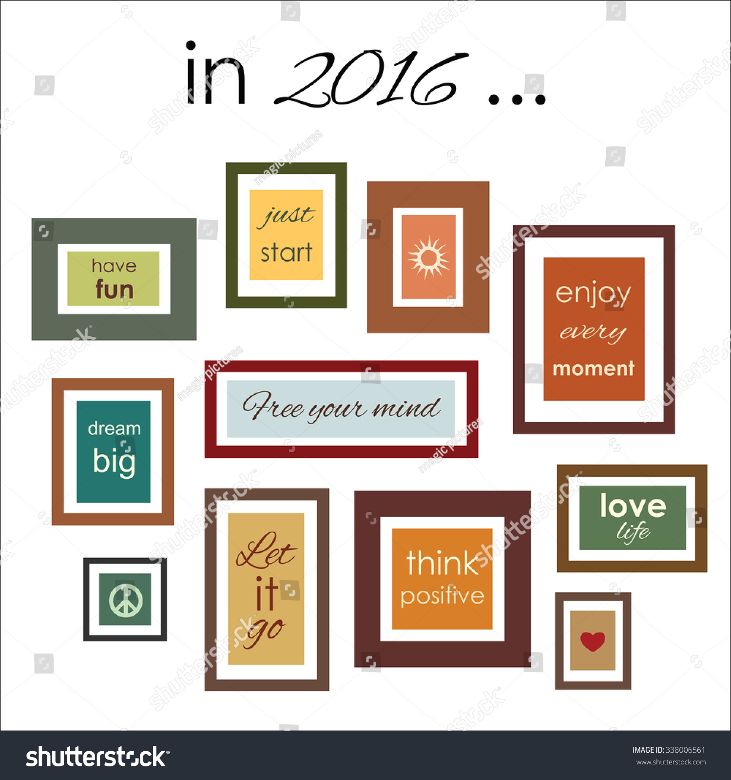 Frames with quotes and sayings on the wall Vector illustration for new year card or