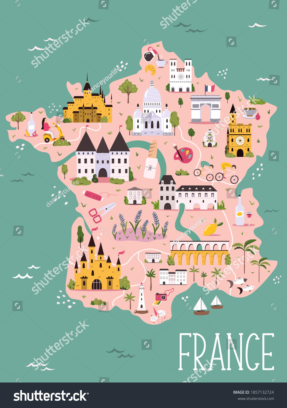 SVG of France hand drawn vector map with famous symbols, landmarks of the country. Design, banner for travel guides, prints, souvenirs svg