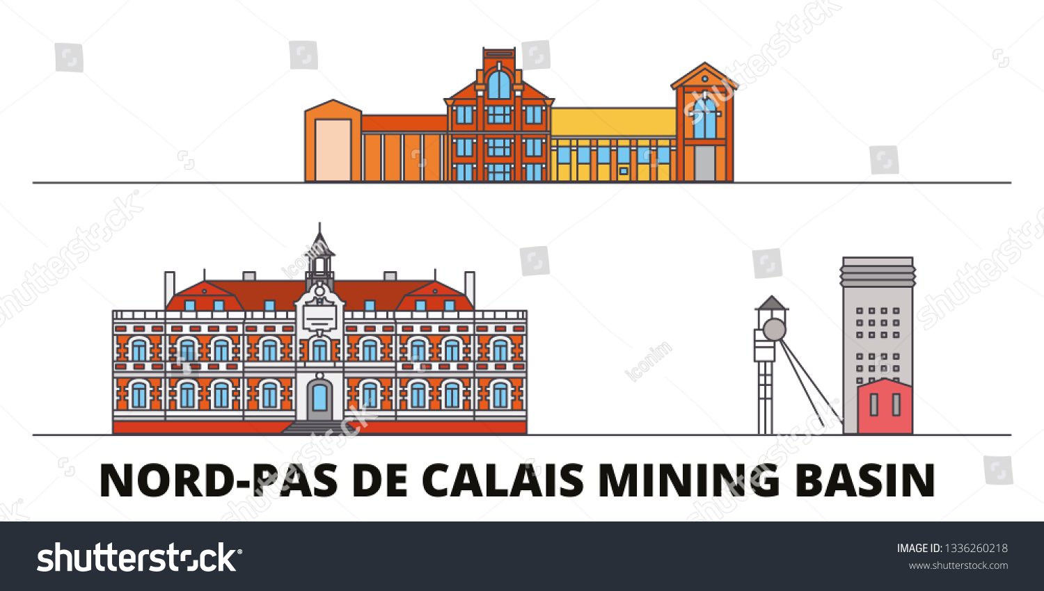 SVG of France, Nord Pas De Calais Mining Basin  flat landmarks vector illustration. France, Nord Pas De Calais Mining Basin  line city with famous travel sights, skyline, design.  svg