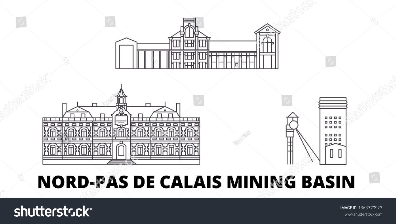 SVG of France, Nord Pas De Calais Mining Basin  line travel skyline set. France, Nord Pas De Calais Mining Basin  outline city vector illustration, symbol, travel sights, landmarks. svg