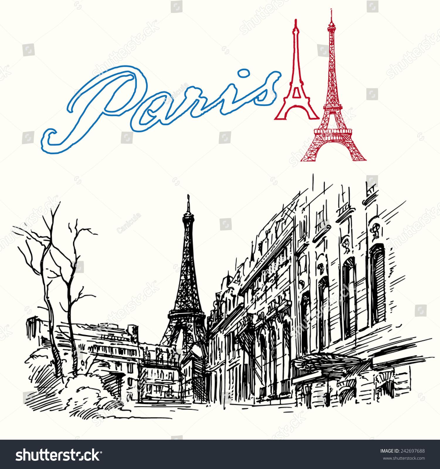 France Paris Eiffel Tower Hand Drawn Set Stock Vector Illustration Shutterstock