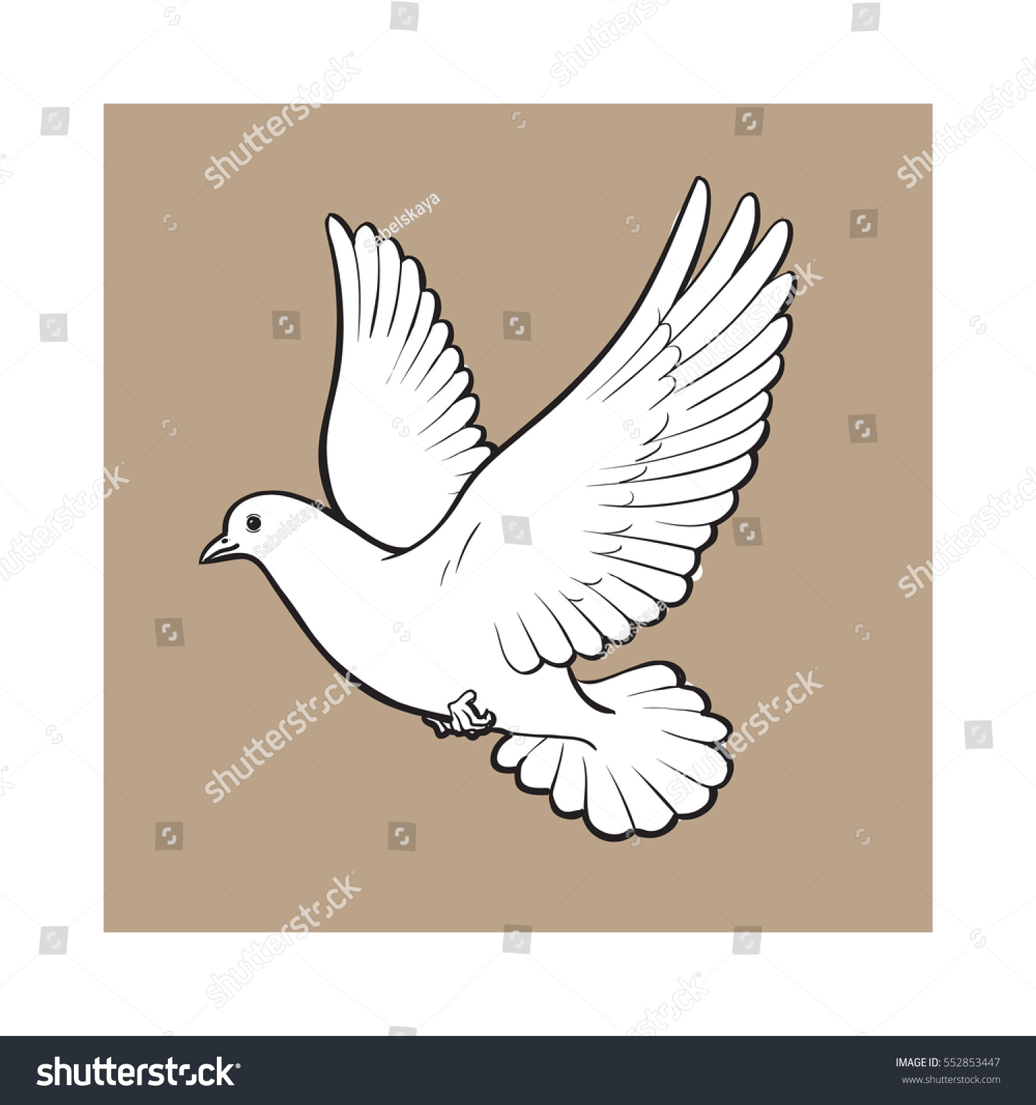 茶色の背景に空の白い鳩 スケッチスタイルのベクターイラスト 白いハト ハトの羽ばたき 愛の象徴 ロマンスと無邪気さ 結婚のアイコンのリアルな手描き のベクター画像素材 ロイヤリティフリー
