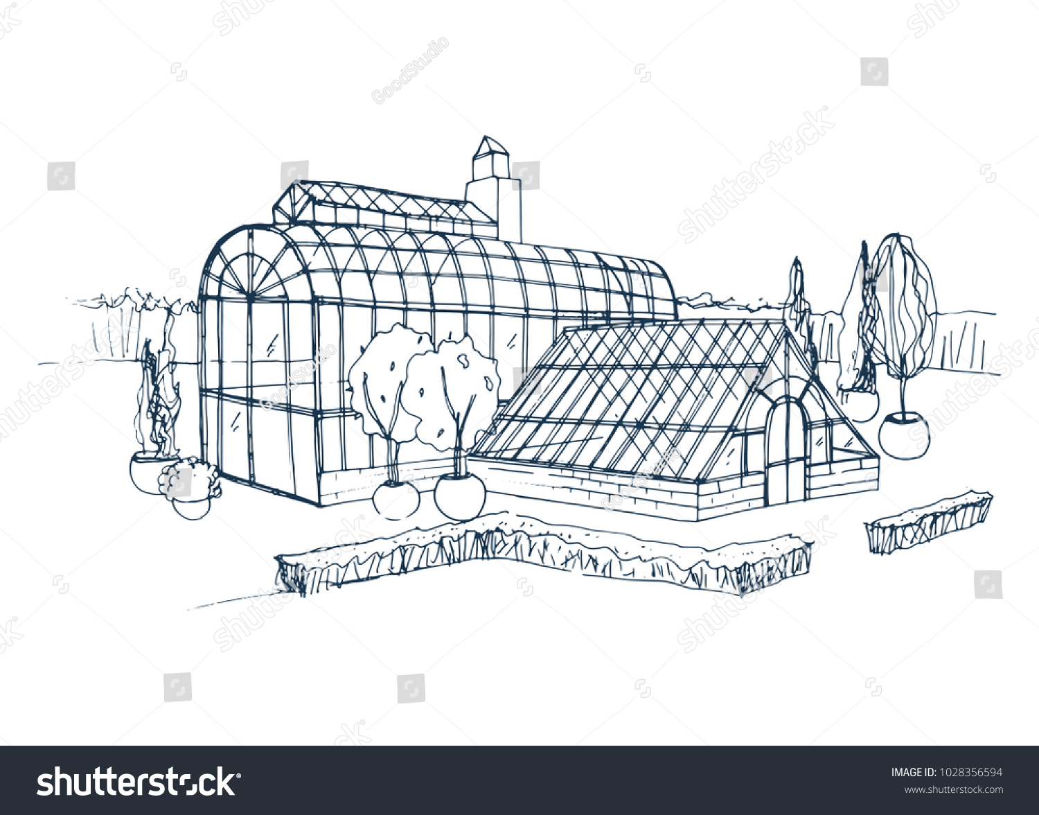 SVG of Freehand sketch of exterior of exotic botanical garden surrounded by bushes and trees growing in pots. Rough drawing of facade of glass greenhouse. Monochrome hand drawn vector illustration.  svg