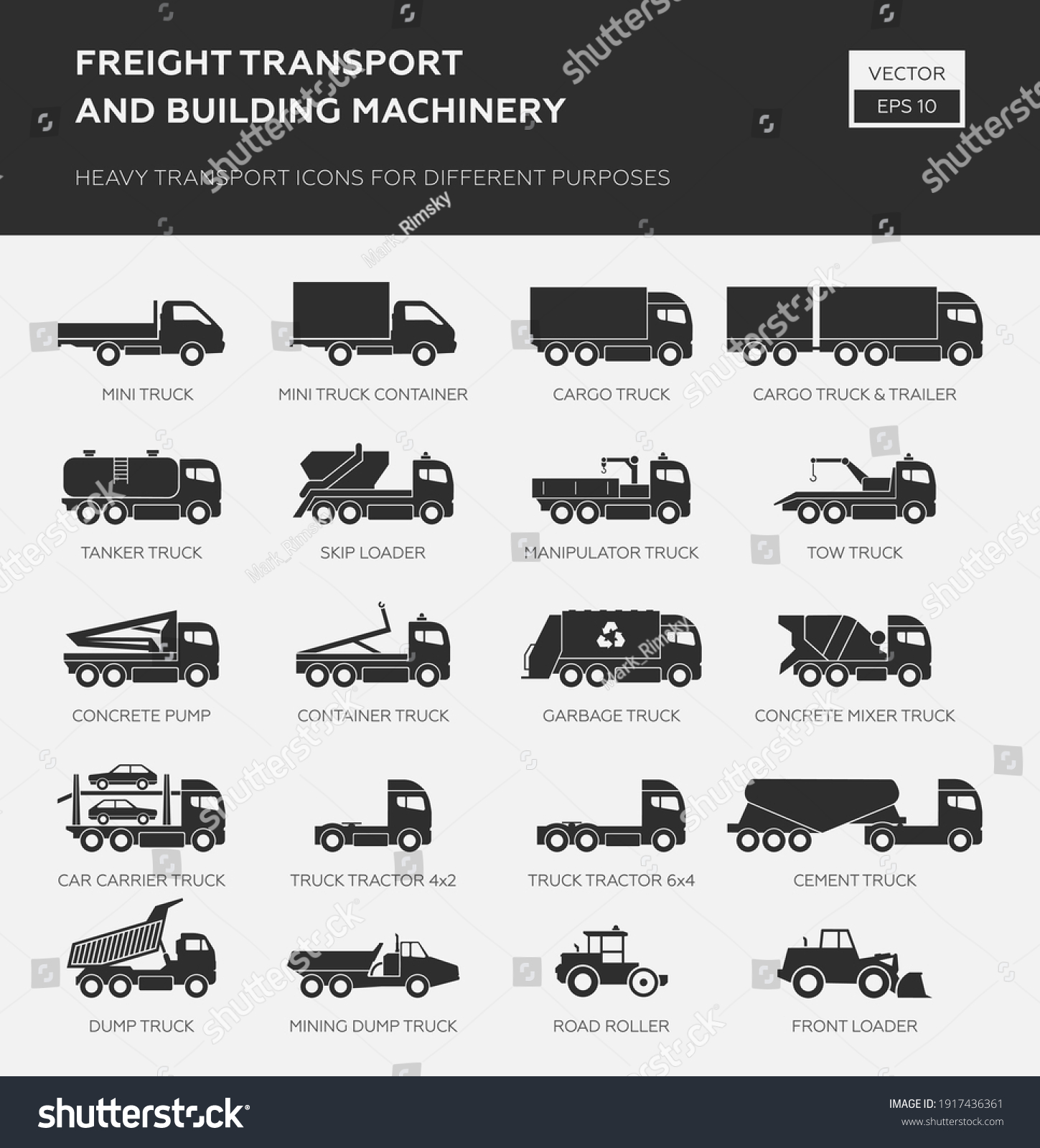 SVG of Freight transport and building machinery. Heavy transport icons for different purpose. Truck icons.  svg