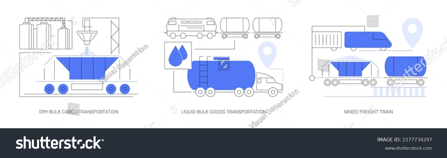 SVG of Freight transportation abstract concept vector illustration set. Dry bulk cargo transportation, liquid goods shipping, mixed freight train loading, hopper wagon, goods export abstract metaphor. svg