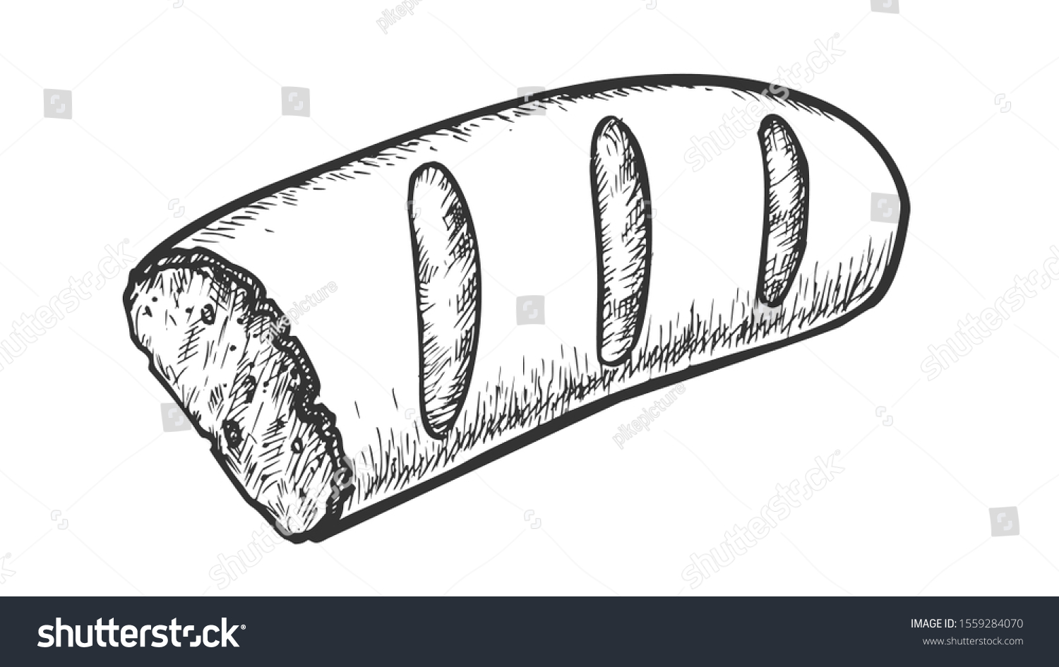 焼き物の半分のフランスパン 白黒のベクター画像 サンドイッチ用の堅いパンの塊 白黒のビンテージ風手描きのベーカリー栄養彫刻コンセプトテンプレート のベクター画像素材 ロイヤリティフリー